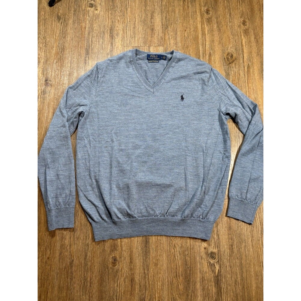 Polo Ralph Lauren Sweater Mens Large Blue Washable Merino Wool V Neck Knit